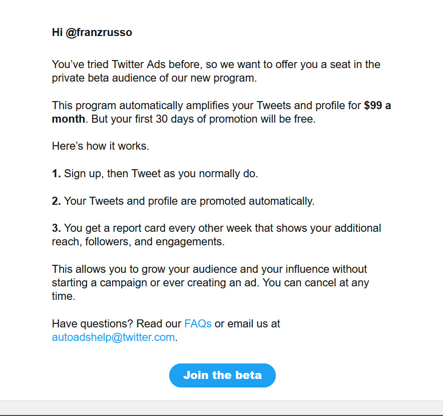 email twitter inserzionisti 99 dollari