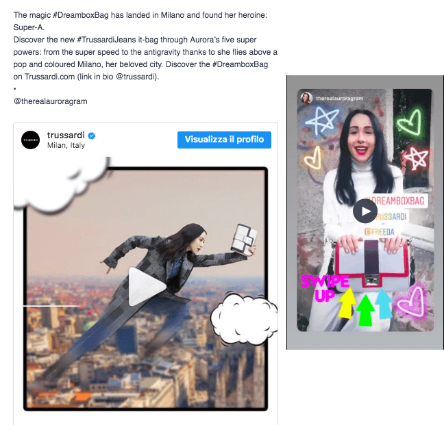 La fase di lancio della campagna Trussardi dreambox bag su Instagram