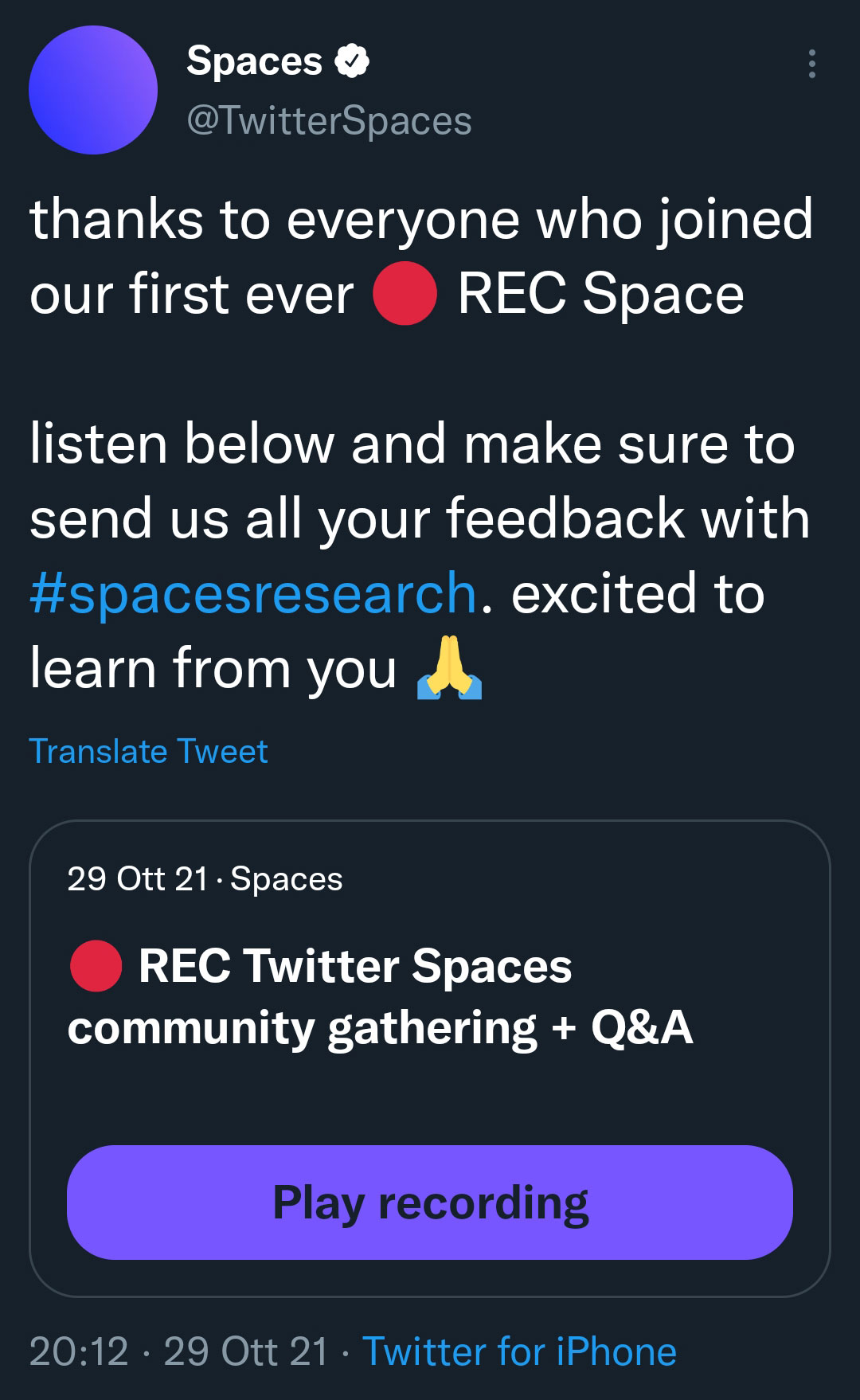 twitte spaces spazi registrabili