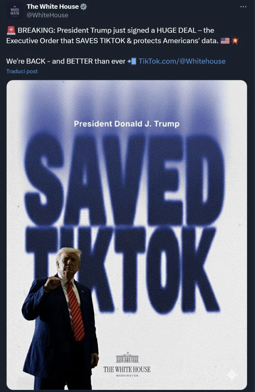 Il post su X della Casa Bianca che conferma la nascita di TikTok US